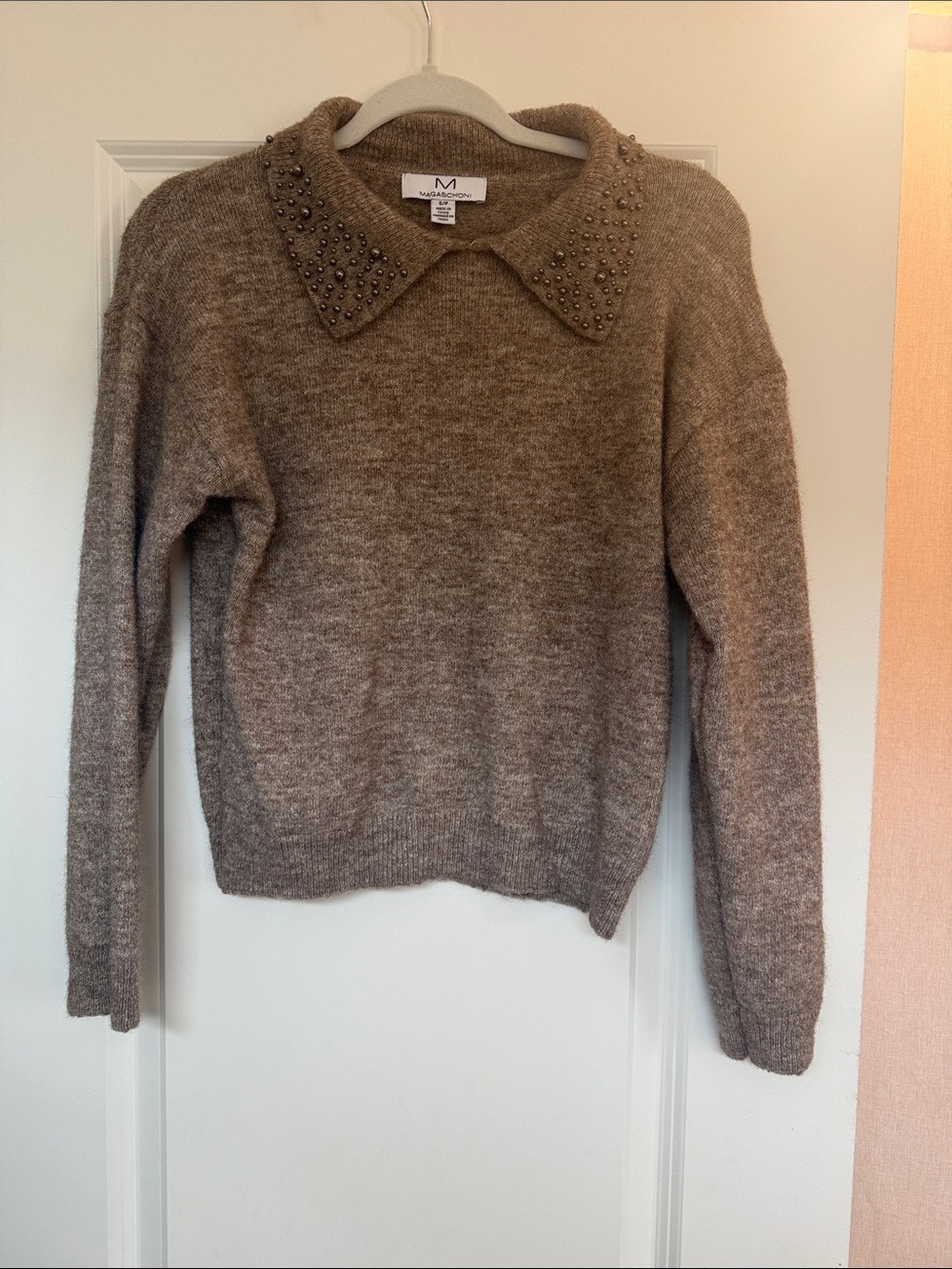 Beaded-Collar Taupe Crewneck Sweater